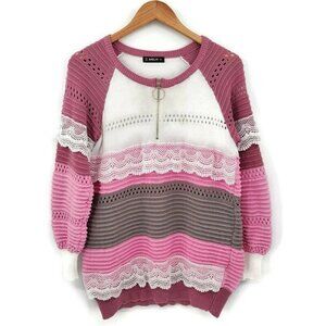 Sheilay‎ Womens Pink Color Block Pullover Half Zip Sweater Sz S Lace Shabby Chic